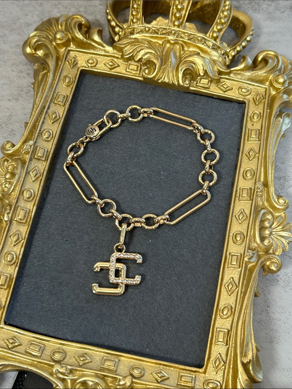 Chico's Gold-Tone Chain Bracelet with Crystal Monogram Charm